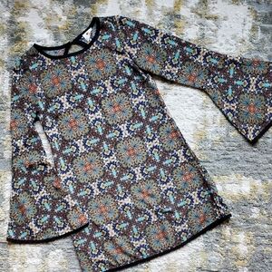 One Clothing Tile Print Bell Sleeve Tunic Dress | 70s Retro Boho Chic